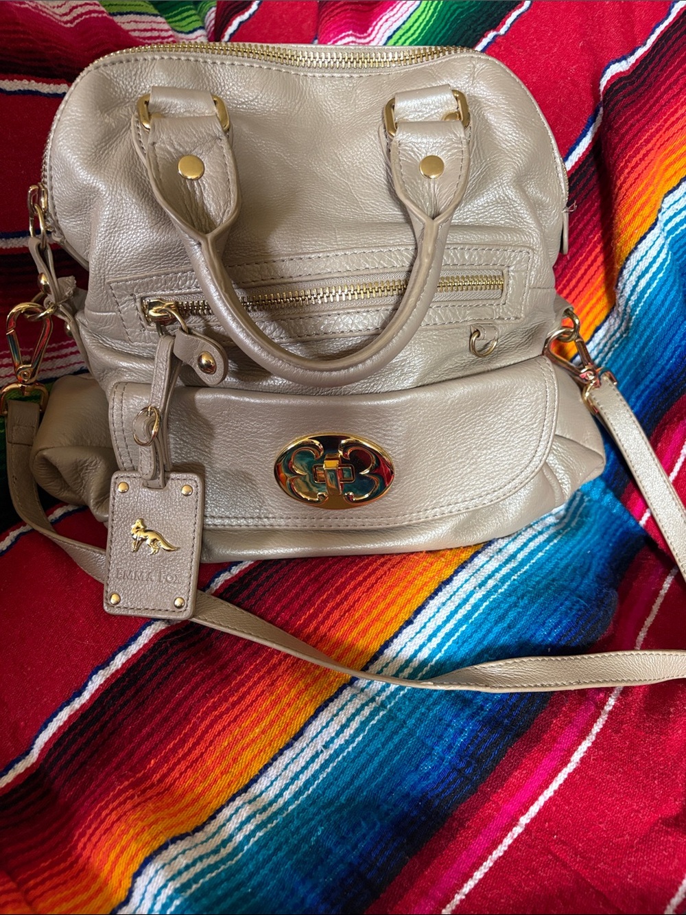 Emma Fox Pearl Beige Leather Satchel with Gold-Tone Hardware